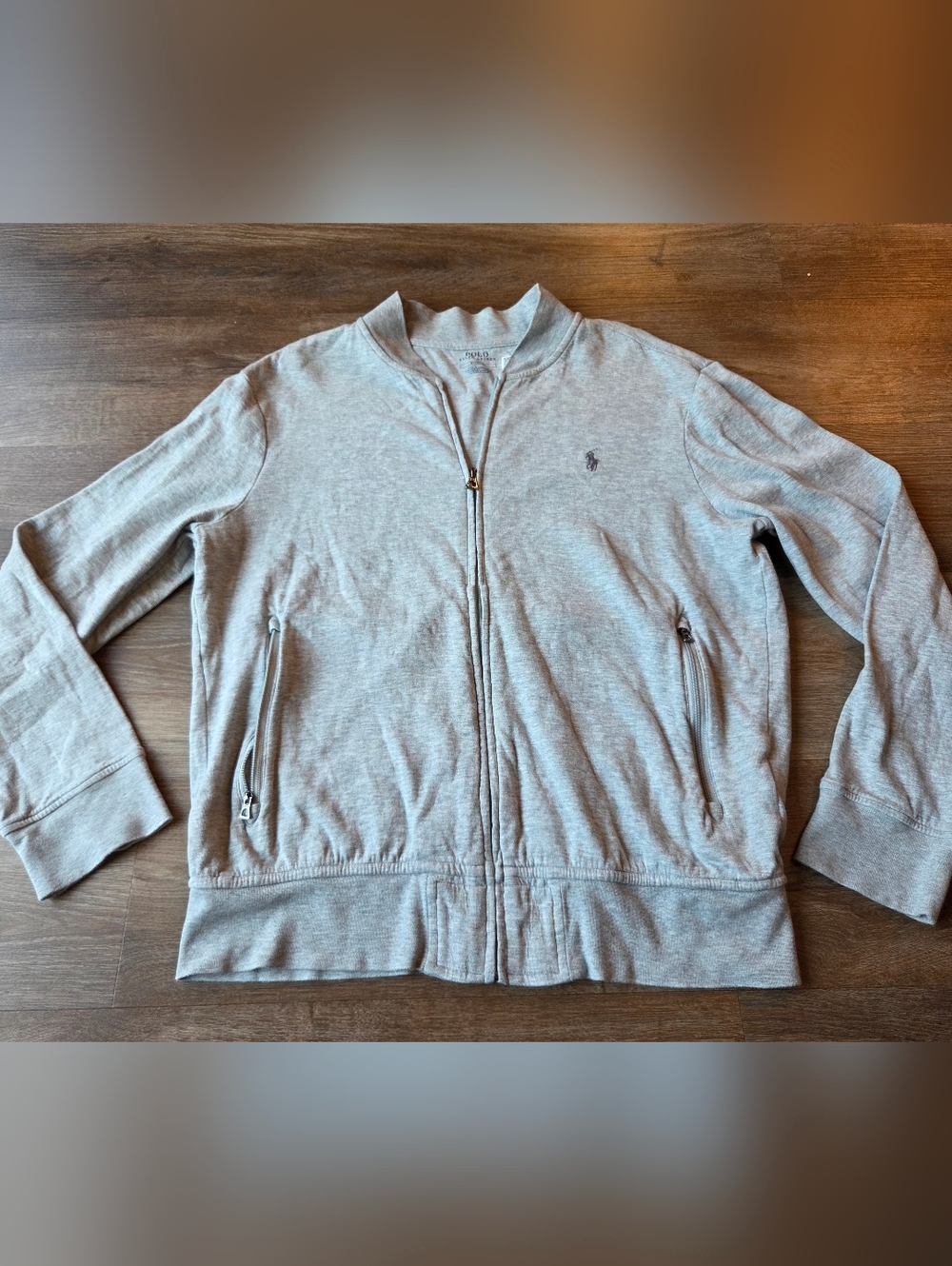 Polo Ralph Lauren Sweater Men Gray Full Zip Bomber Jersey Knit Lightweight Sz M